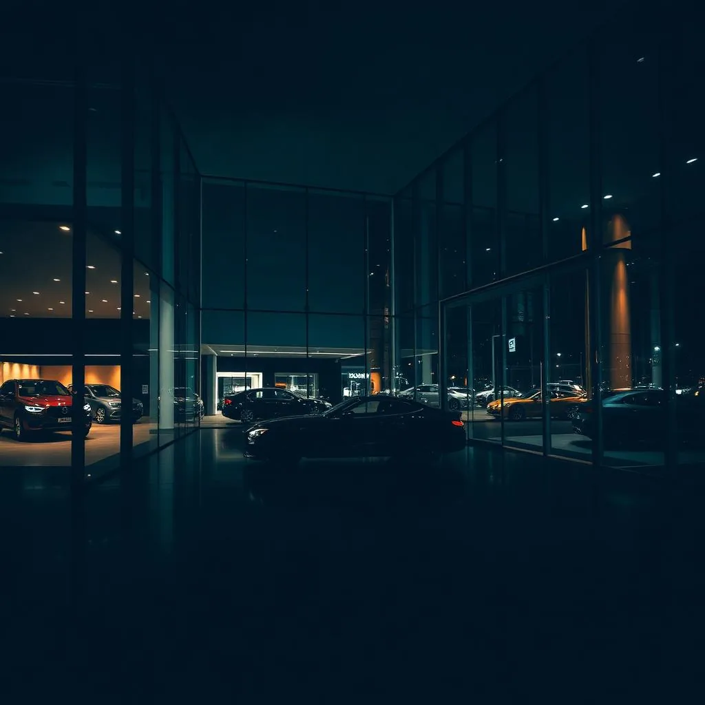 S&M Auto showroom at night