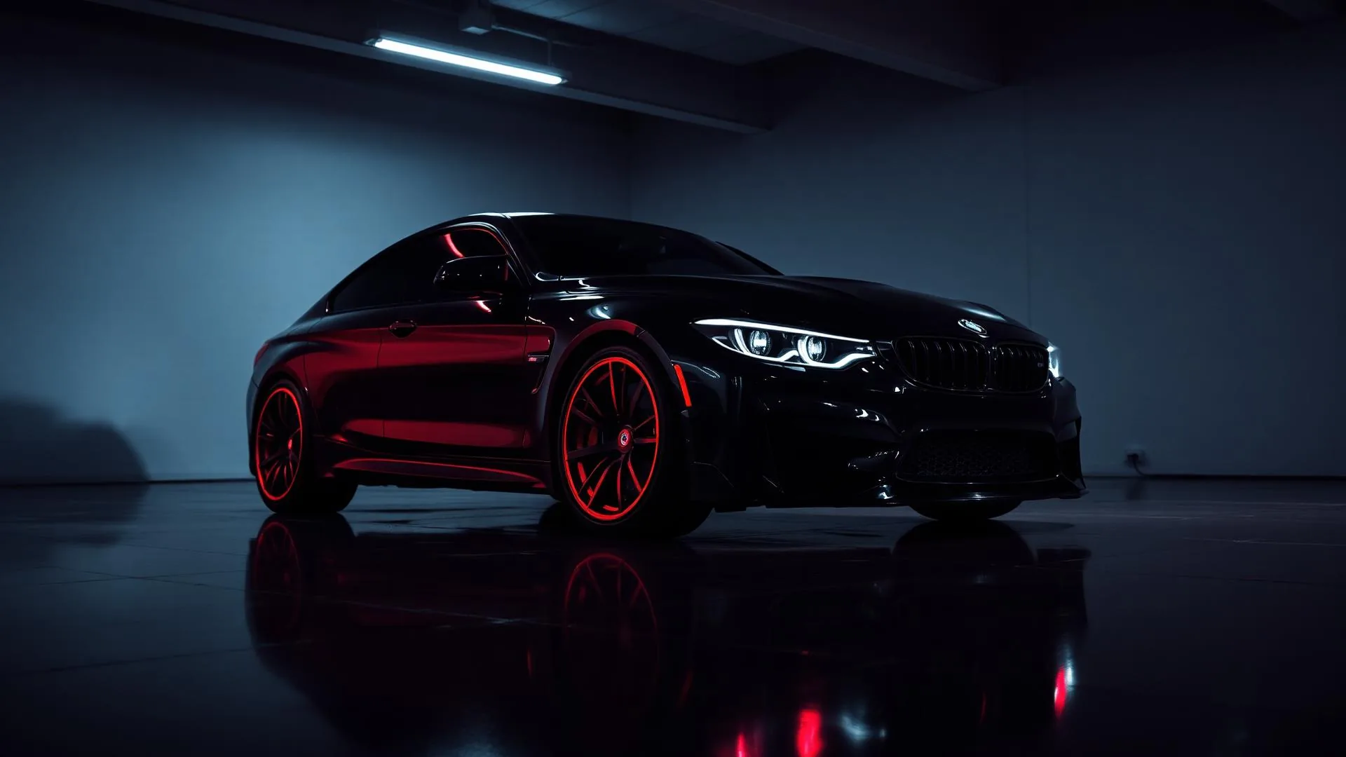 Luxury sports car under dramatic red lighting in a dark showroom